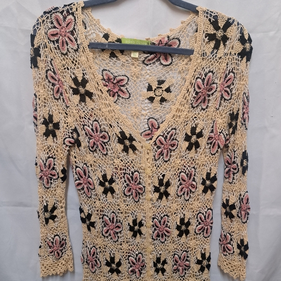 Sigrid Olsen Granny Square 3/4 Sleeve Silk Blend Sheer Cardigan Top Sz M EUC - Picture 1 of 9